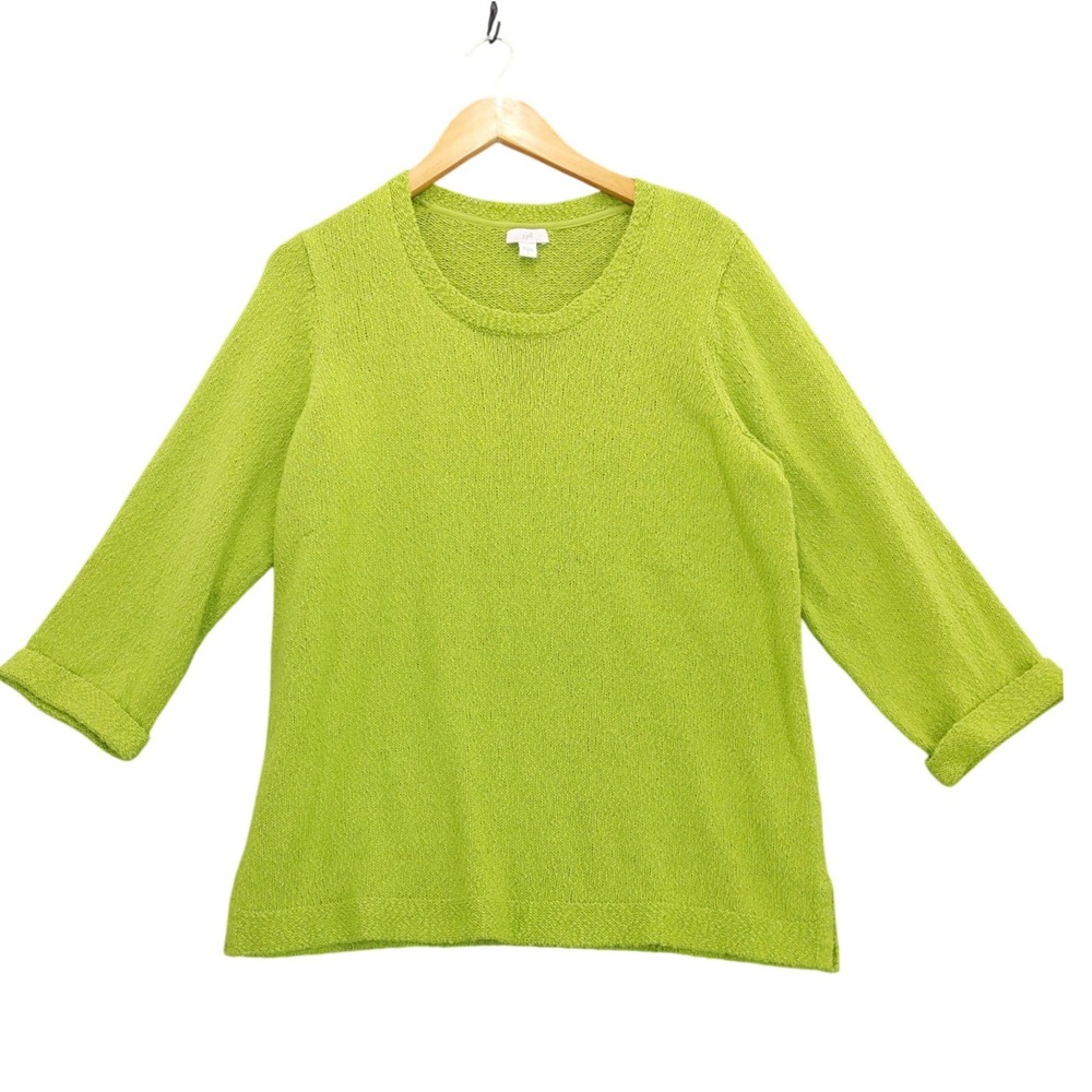 J. Jill Sweater Womens L Lime Green 3/4 Sleeve Cotton Blend Crew Neck Pullover